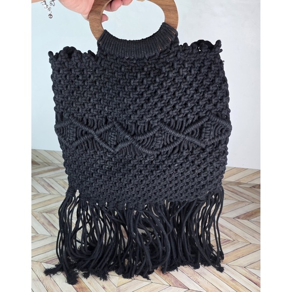 Danielle Nicole Macrame Crochet Black Bag With Wood Handle & Crossbody Strap - Picture 2 of 14